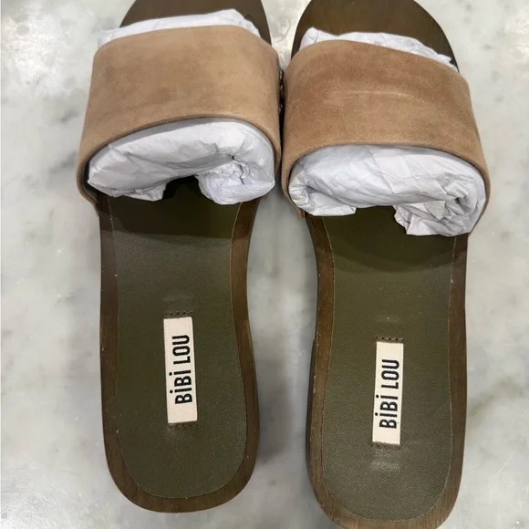 Bibi Lou Anthropologie Wood Bottom Slide Sandal Beige Neutral size 9.5 / 40 - Picture 3 of 7